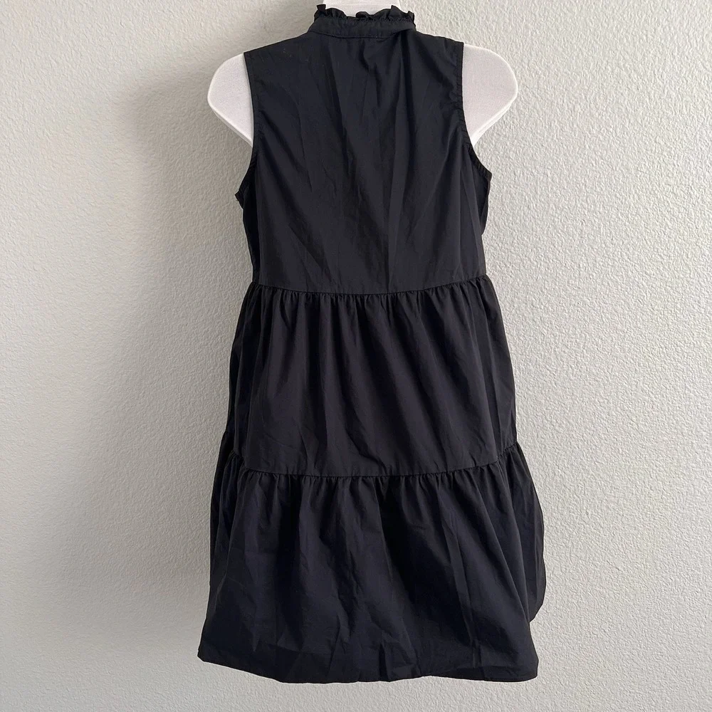 Small Black Tiered Mini Dress Lightweight Ruffle Neck Babydoll Swing Olivaceous